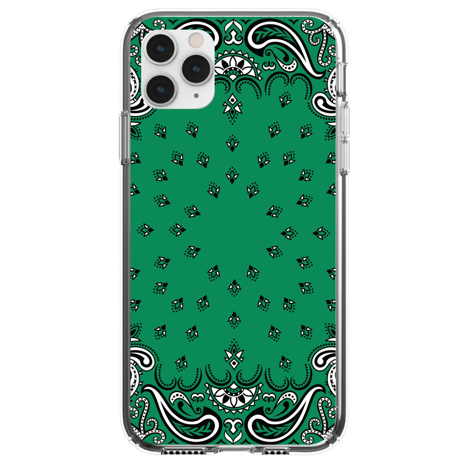 DistinctInk Clear Shockproof Hybrid Case for iPhone 13 Pro MAX (6.7 Inch) - Durable TPU Bumper & Acrylic Back with Tempered Glass Screen Protector - Bandana Print Design in Green, Black, White - Perfect for Outdoor Activities, Travel & Daily Protection
