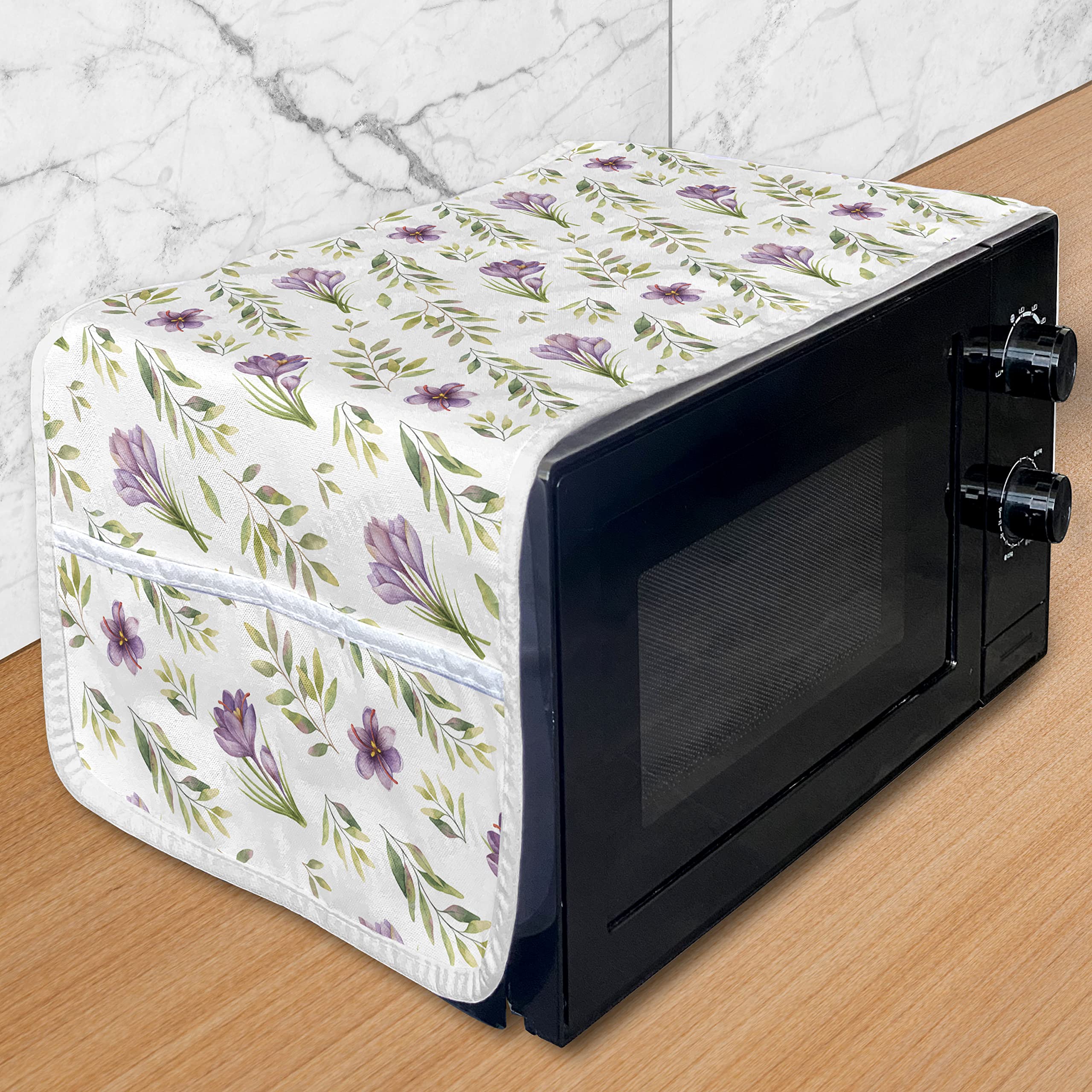 Ambesonne Microwave Cover - Watercolor Floral Pattern in Green & Purple, Waterproof Kitchen Organizer with Pockets, 36