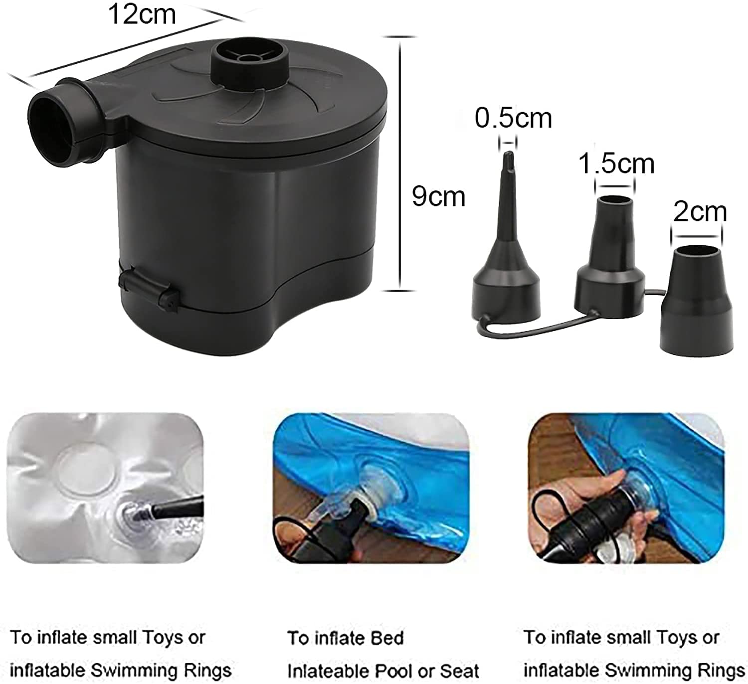 OBEST Portable Electric Air Pump - Battery Powered Inflator & Deflator for Air Mattress, Pool Floats, Rafts, Boats & Toys - Includes 3 Nozzles - Perfect for Camping, Beach Trips & Outdoor Adventures