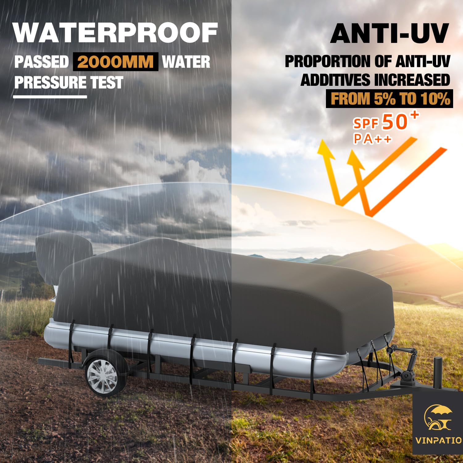 800D Heavy-Duty Pontoon Boat Cover with Motor Cover - Waterproof, UV-Resistant (Grey, Fits 14'-17' Length & 96