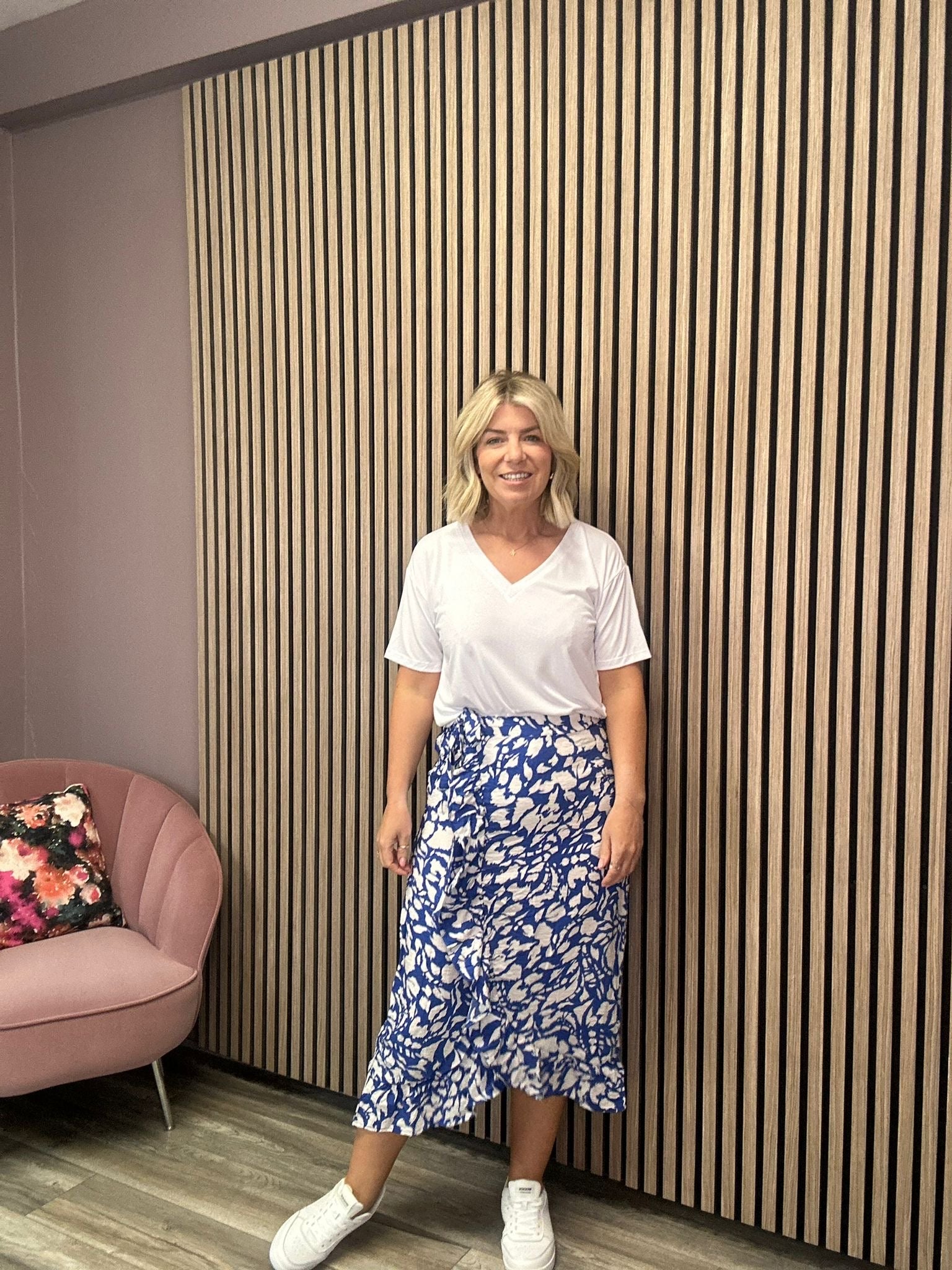 Ally Midi Skirt for Women - Mazarine Blue & Birch Floral Print - A-Line Summer Skirt for Casual Wear, Office & Date Night