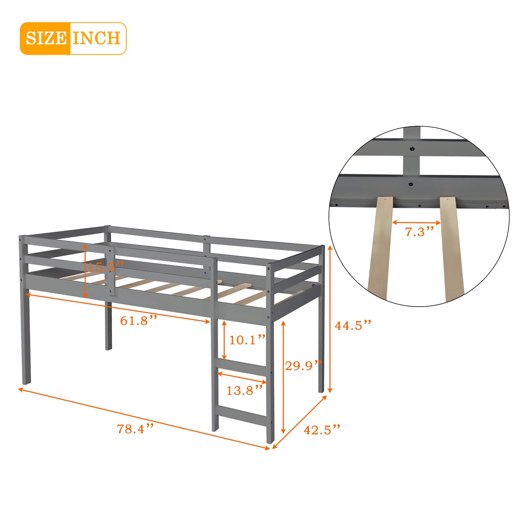 Wooden Low Loft Bed Frame with Storage Cabinet & Rolling Desk for Kids & Teens - Twin Size, Gray - Perfect for Small Bedrooms, Dorm Rooms & Kids' Spaces