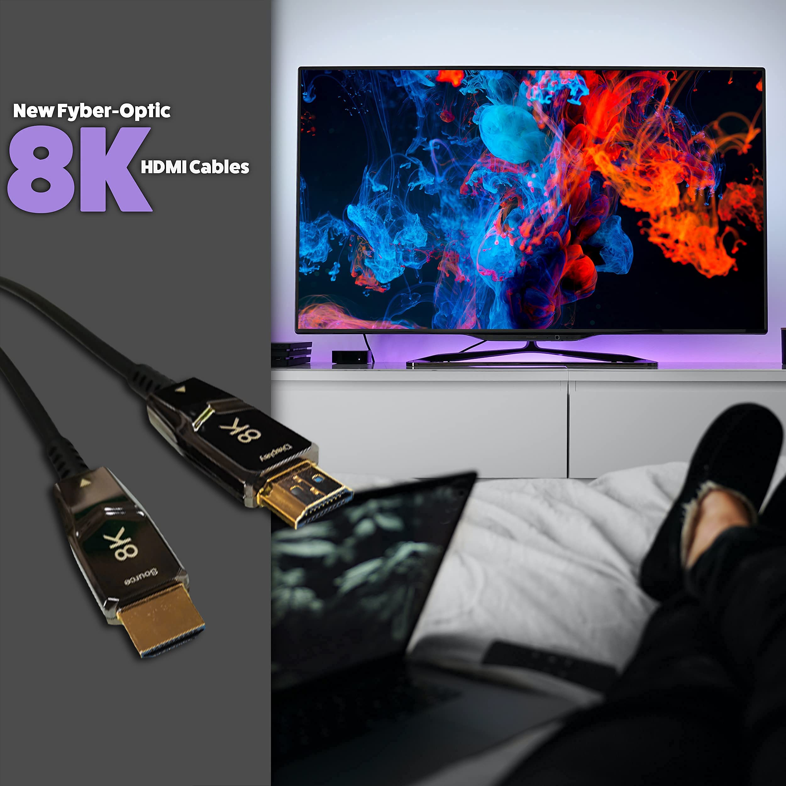 8K HDMI Cable 75ft - Ultra High Speed 48Gbps Fiber Optic Cable - 4K 120Hz, Dynamic HDR, HDCP 2.3 - Slim & Flexible CL3 Rated In-Wall Safe - Supports Dolby Vision & Atmos with Ethernet - Perfect for Home Theater, Gaming & Professional AV Setups