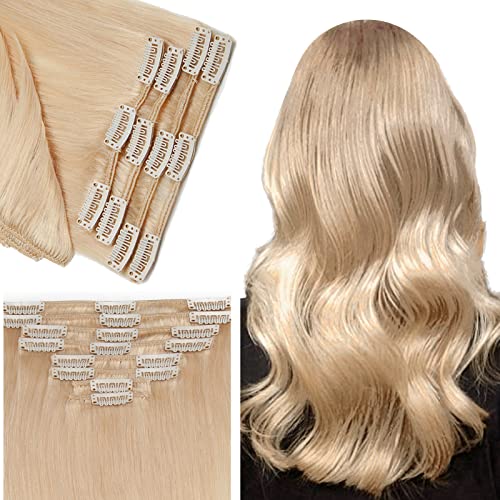 Benehair Clip-in Human Hair Extensions 12inch #613 Bleach Blonde - 8pcs Remy Hair Weft Long Straight Real Human Hair for Women - Perfect for Volume, Length & Styling for Parties, Weddings & Daily Wear