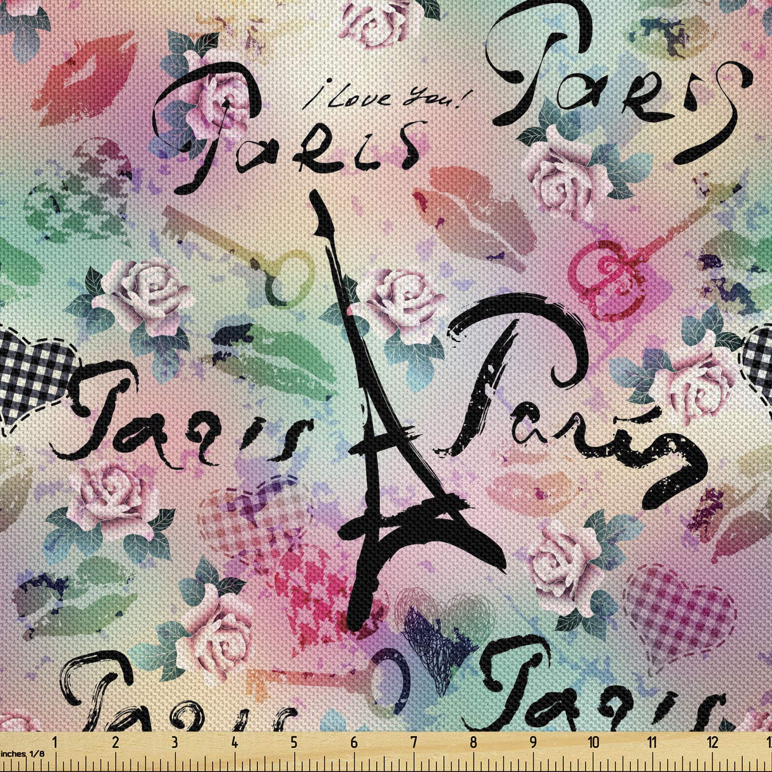 Ambesonne Paris Fabric by The Yard - French Floral Rose Checkered Hearts Romance Love Design | Decorative Satin Fabric for Home Textiles, DIY Crafts & Upholstery | 10 Yards in Pale Green & Sea Green | Perfect for Curtains, Pillows & Quilting Projects