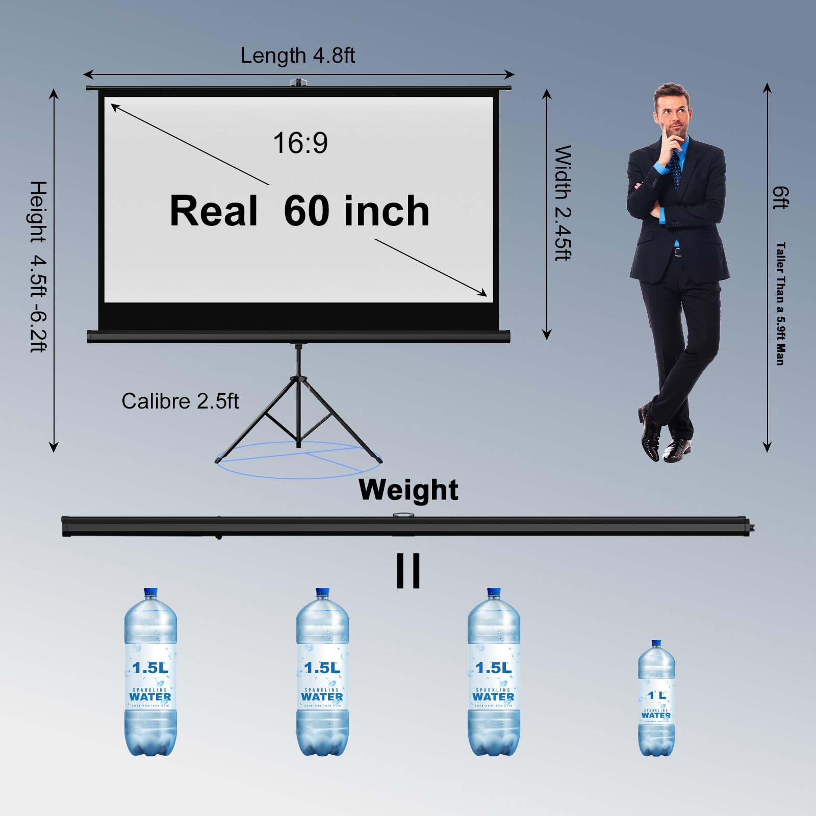 60 Inch Portable Outdoor Projector Screen with Stand Tripod - Indoor/Outdoor Pull Up Projection Screen 16:9 Adjustable for Home Theater, Backyard Movie Nights, Camping & Parties - Includes Carry Bag