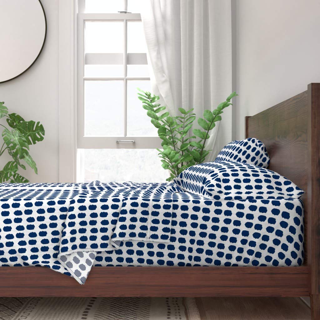 Premium 100% Cotton King Size 4-Piece Sheet Set - Navy Blue Polka Dot Abstract Animal Print Midcentury Modern Dalmatian Design | Soft Breathable Bedding for Master Bedroom, Guest Room & Dorm