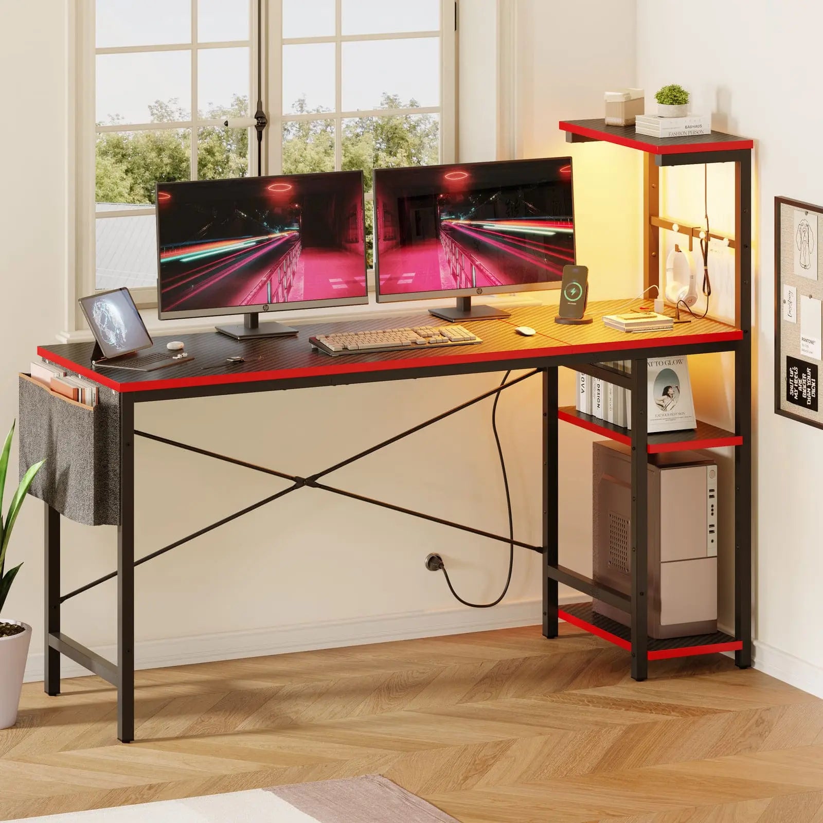 Bestier 61 Inch Large Computer Desk with Reversible Shelves - Ergonomic Gaming Desk for PC, Laptop & Workstation - Perfect for Home Office, Gaming Setup & Study Room