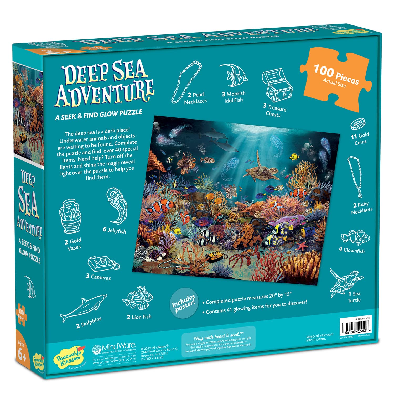 Peaceable Kingdom Deep Sea Adventure 100-Piece Glow in the Dark Puzzle for Kids Ages 6+ | Seek & Find Ocean Theme Jigsaw with Blacklight | Fun Family Game Night & Educational STEM Activity | Perfect for Birthday Gifts, Classroom Learning & Rainy Day Entertainment