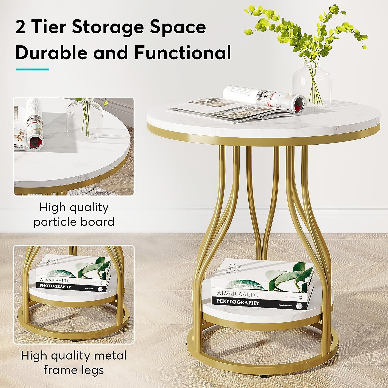 2 Tier Round End Table with Metal Frame - Stylish Sofa Side Table for Living Room, Bedroom, or Office - Perfect for Holding Lamps, Books, and Decor