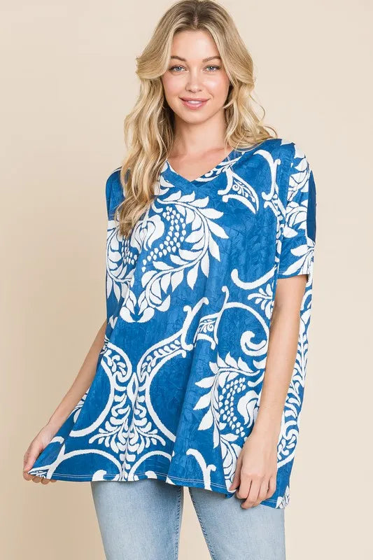 BOMBOM Women's Printed Relaxed V-Neck Tunic Top - Casual Flowy Blouse for Work, Travel & Everyday Wear