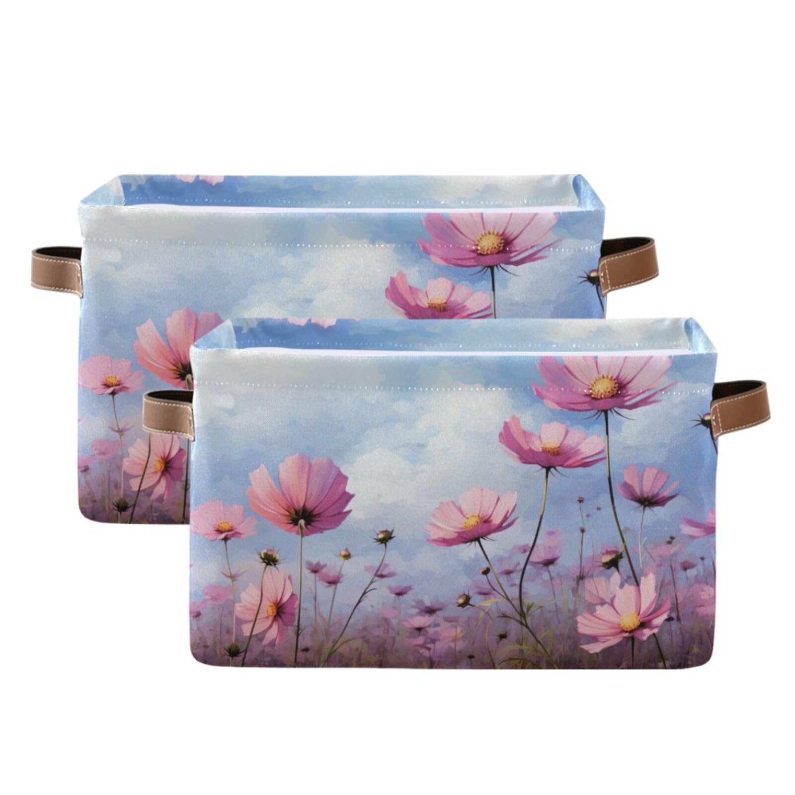 Foldable Canvas Fabric Storage Baskets with Handles - 2 Pack Rectangle Watercolor Flower Organizer Boxes for Clothes, Home & Office Organization | Perfect for Closet Shelves, Bedroom Decor & Laundry Storage