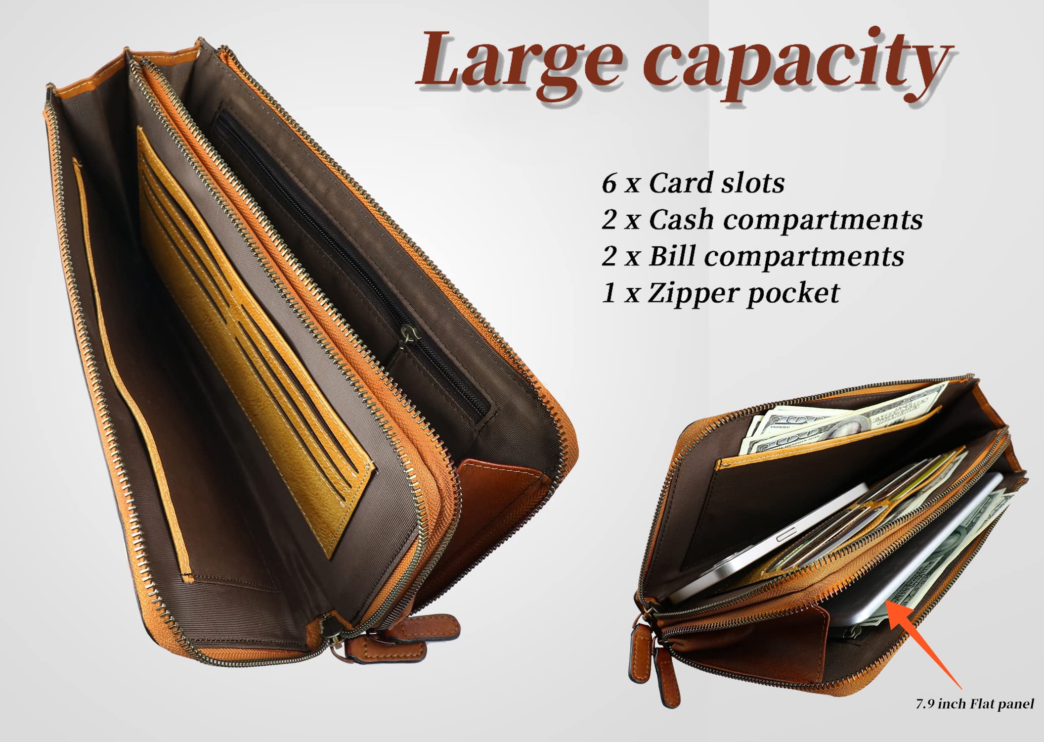 ORIREAL Men's Genuine Leather Wristlet Clutch Bag - Slim RFID Blocking Wallet & Luxury Handbag Purse (Brown) - Perfect for Business Travel, Date Night & Everyday Essentials