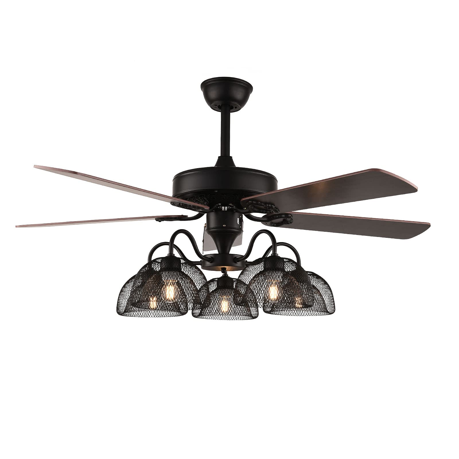 52 Inch Industrial Ceiling Fan with Light - 5-Light Chandelier Fan with Remote Control, 5 Reversible Wooden Blades & Iron Net Lampshade - 3-Speed Modern Downlight for Living Room, Bedroom, Dining Room - Perfect for Farmhouse, Loft & Industrial Style Home Decor