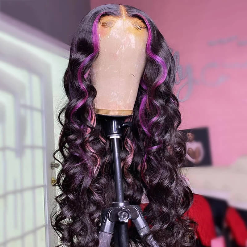 Eullair Pink Purple Balayage Body Wave Human Hair Lace Front Wig with Piano Color - Heat Resistant for Styling, Perfect for Cosplay, Parties & Daily Wear