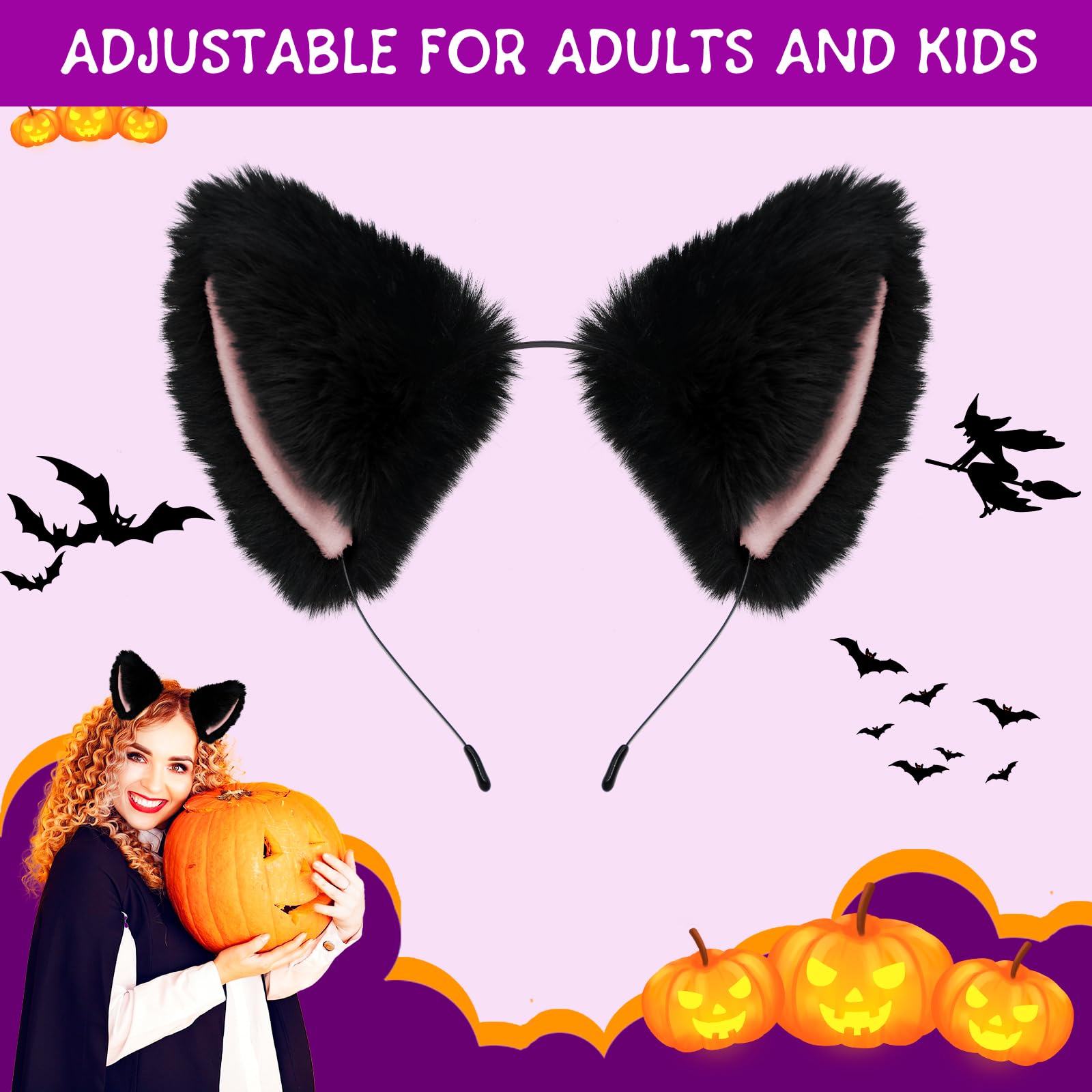 Cat Fox Ears Headband for Women & Girls - Faux Fur Halloween Cosplay Costume Accessories for Adults & Kids (Black & Pink) | Perfect for Halloween Parties, Cosplay Events, and Themed Photoshoots