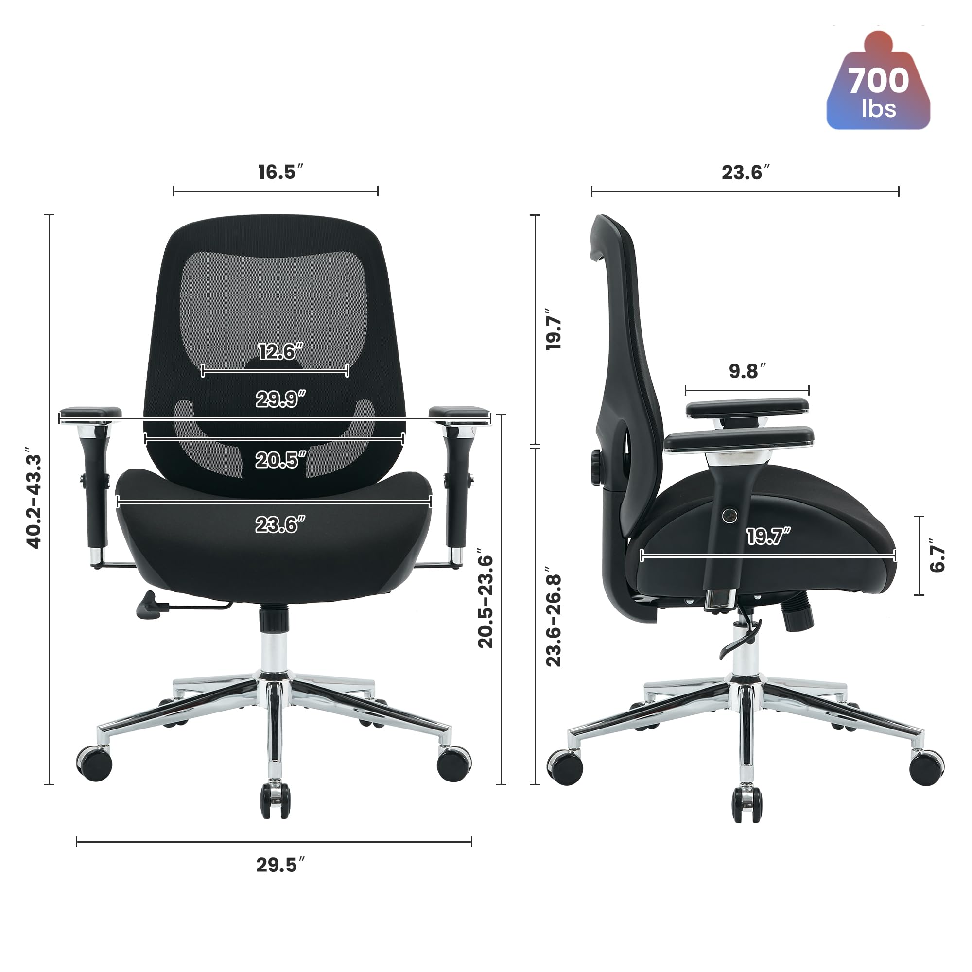 700lbs Heavy Duty Big and Tall Office Chair - Extra Wide Thick Seat Cushion & Adjustable Lumbar Support - Ergonomic Mesh Desk Chair with 4D Armrests for All-Day Comfort - Perfect for Large Men, Plus Size Users & Heavy People in Home Office or Gaming Setup