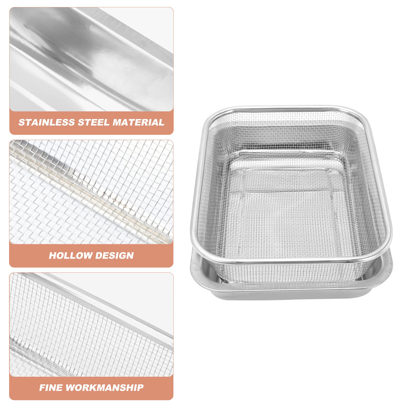 Premium Stainless Steel Kitchen Strainer Colander - Heavy Duty Rectangular Oil Drain Plate with Tray | Food Strainer Bowl for Fruits, Snacks & Fast Food | Ideal for Home Kitchen, Restaurants & Food Prep Stations