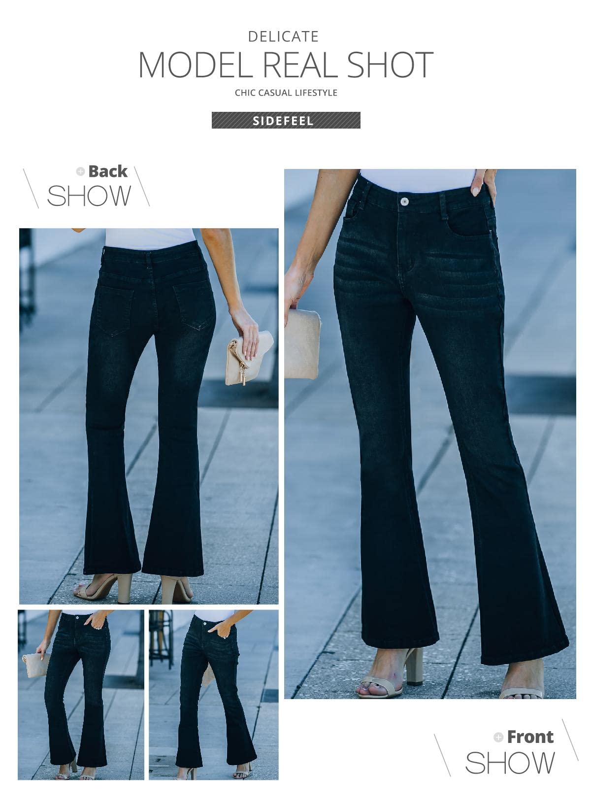 **Sidefeel Women's Ripped Flare Jeans - Mid Rise Stretch Denim Pants, Size 12, Black - Perfect for Casual Outfits & Boho Style**