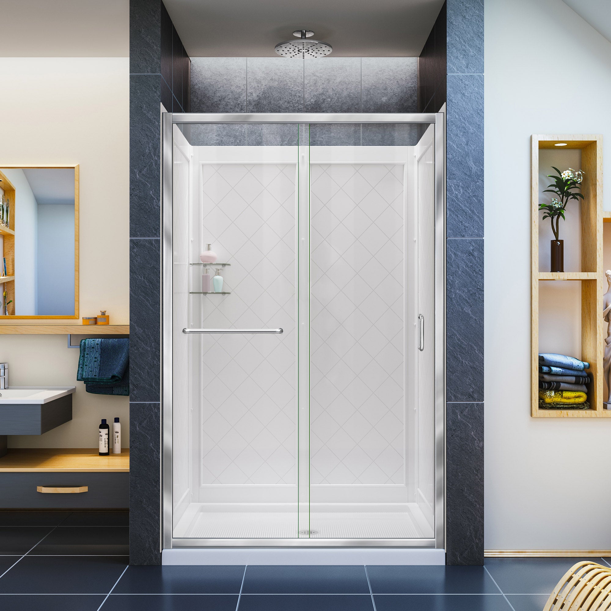 DreamLine Infinity Z 36x48x76.75 Inch Semi-Frameless Sliding Shower Door Kit with Clear Glass & Q WALL 5 Backwall - Modern Bathroom Upgrade for Small Spaces & Luxury Homes