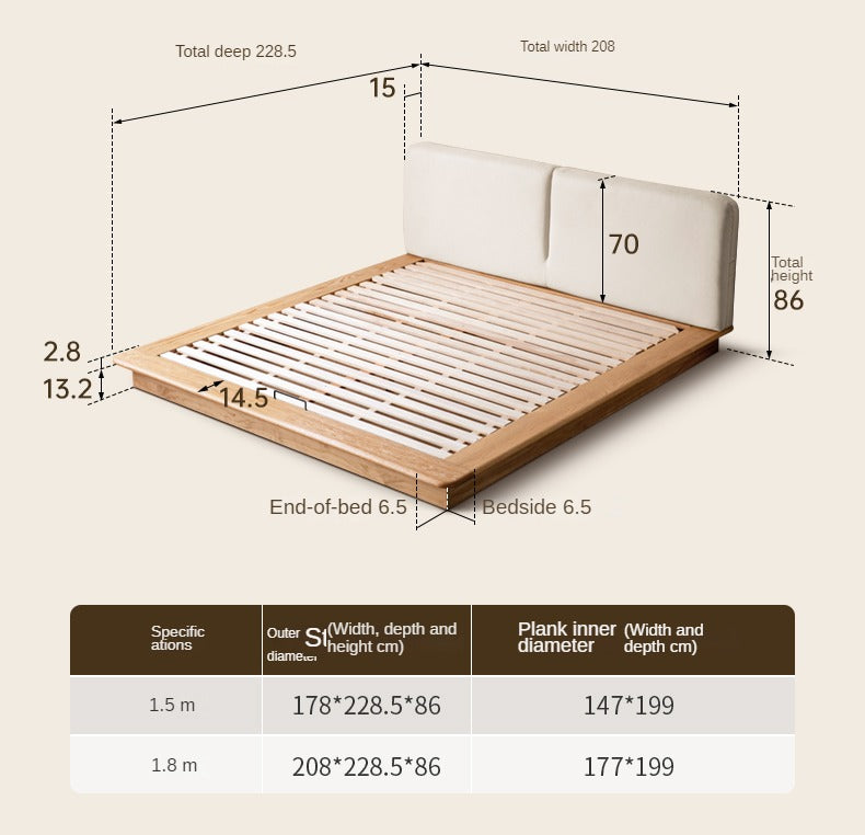 Solid Oak Wood Floating Platform Bed with Soft Fabric Headboard - Modern Technology Bed Frame for Bedroom, Living Room, or Guest Room