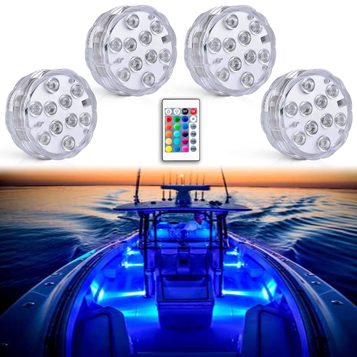 Wireless Battery Operated Marine LED Boat Lights - Waterproof RGB Multi-Color Deck Lights with Remote Control (4 Pack) - Perfect for Fishing Kayaks, Duck Boats, Jon Boats & Bass Boats Interior Lighting