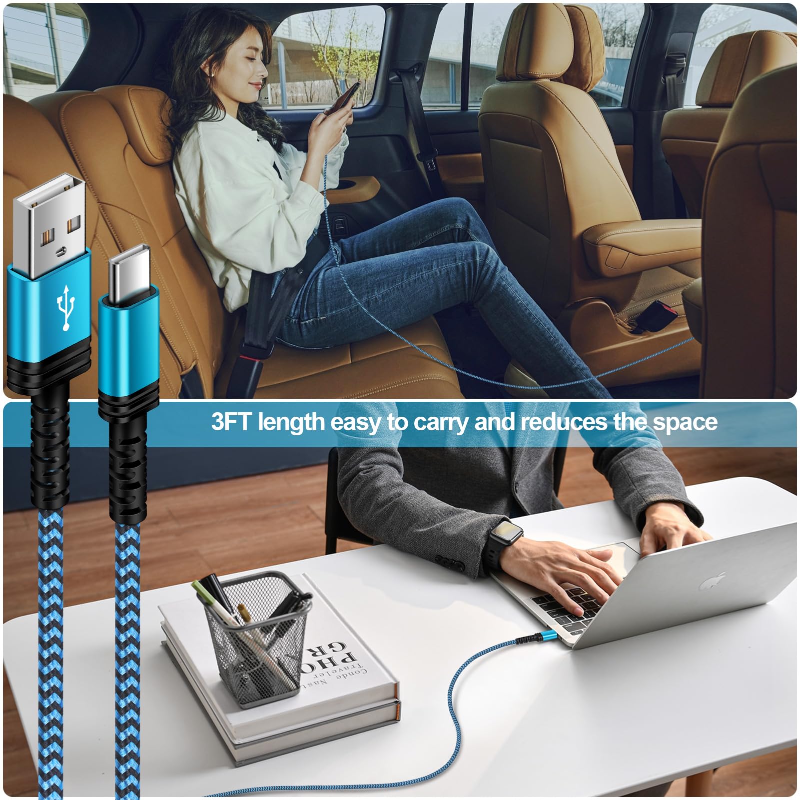 2-Pack 3FT Braided USB C to USB A Fast Charging Cable - Compatible with Samsung Galaxy S24/S23/S22/S21/S20, iPhone 16/15 Pro, Pixel 8/7/7a - Fast Charging Cord for Home, Car & Travel