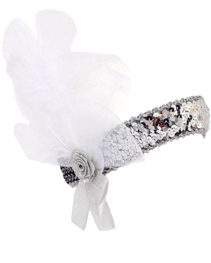 Vintage 1920s Silver Flower Headband with White Ribbon - Flapper Style Hair Accessory for Gatsby Parties, Weddings & Costume Events