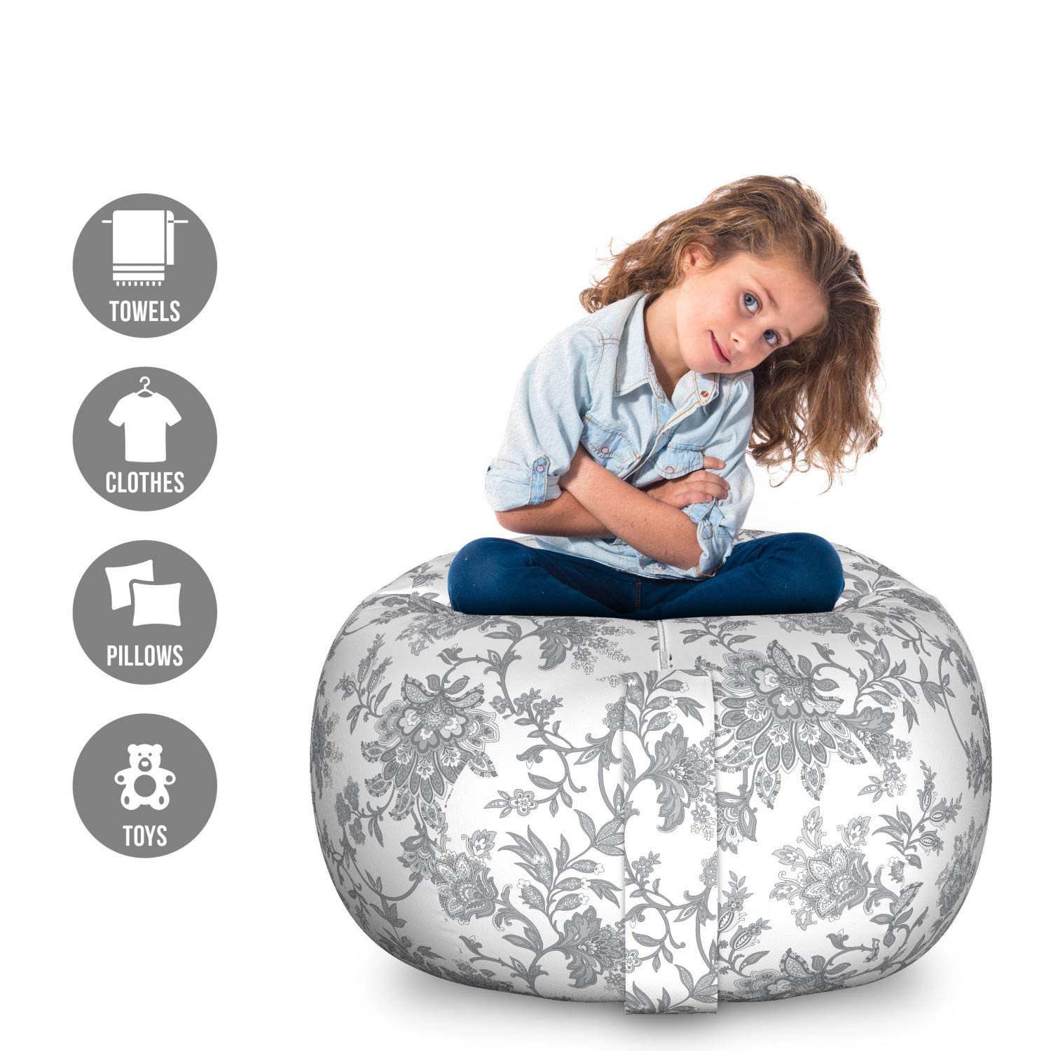 Ambesonne Floral Storage Toy Bag Chair - Large Washable Stuffed Animal Organizer with Monochrome Petals Nature Art Print | Perfect for Kids' Room, Nursery, Playroom & Pet Toy Storage (Dimgray)