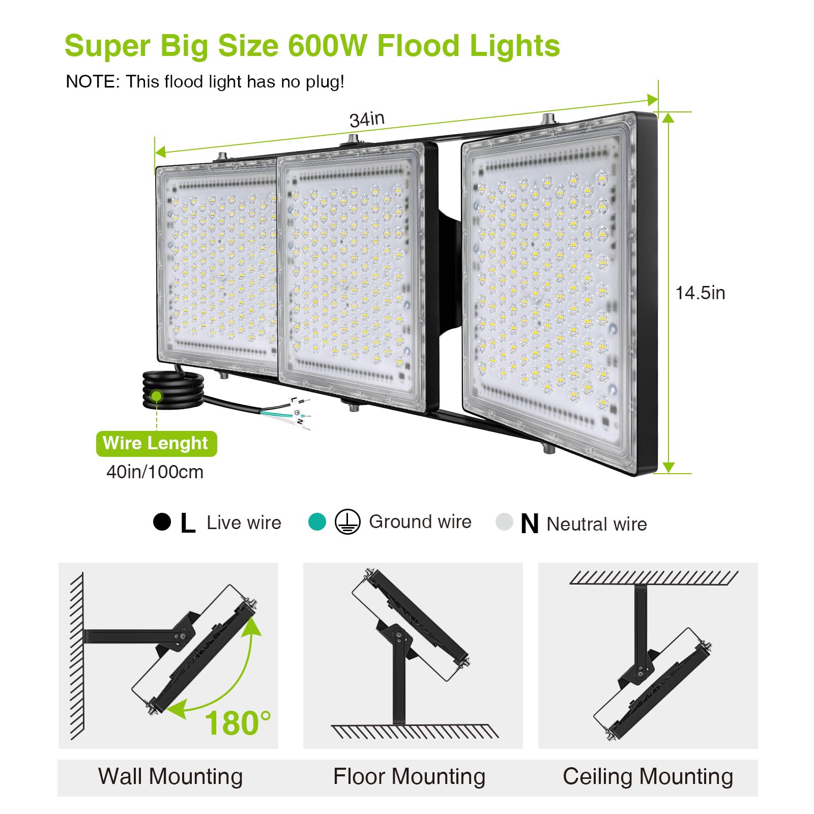 STASUN 600W LED Flood Light Outdoor, 60000LM Super Bright, IP66 Waterproof, 6000K Daylight White, 3 Adjustable Heads - Perfect for Stadium Lighting, Arena, Backyard, Street & Parking Lot Security Lighting
