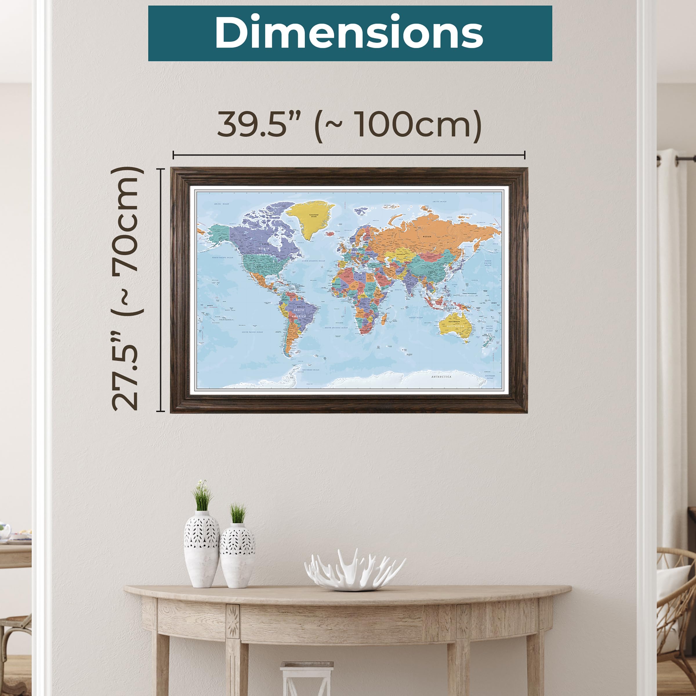 Personalized Blue Oceans World Push Pin Travel Map with Solid Wood Brown Frame - Perfect for Travel Enthusiasts, Home Decor & Office Wall Art