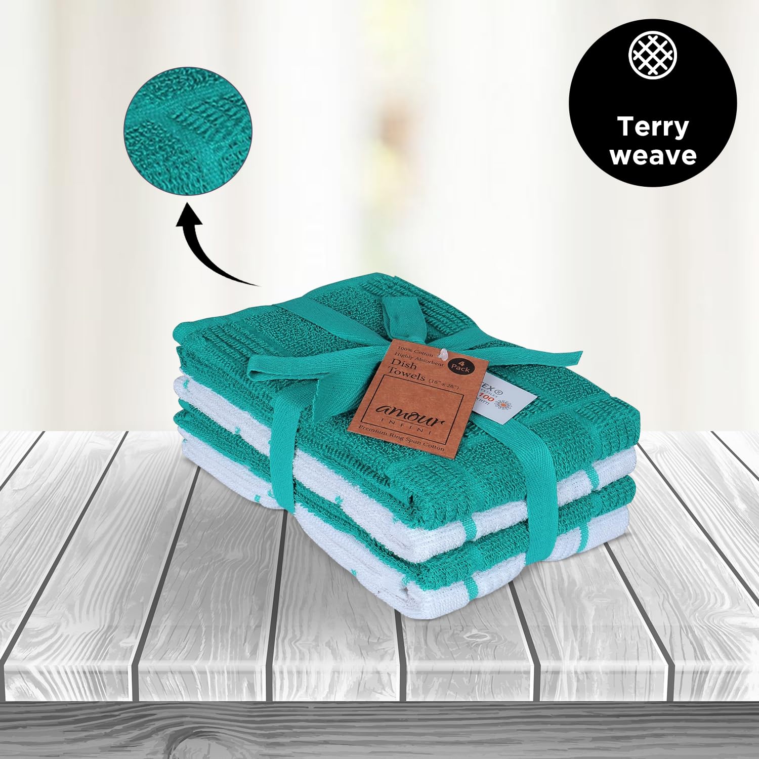 AMOUR INFINI Premium Cotton Kitchen Towels - Pack of 4, 16x28 Inch Super Absorbent & Quick Drying Dish Towels with Hanging Loop - Ideal for Hand Drying, Dishwashing & Tea Time (Teal)