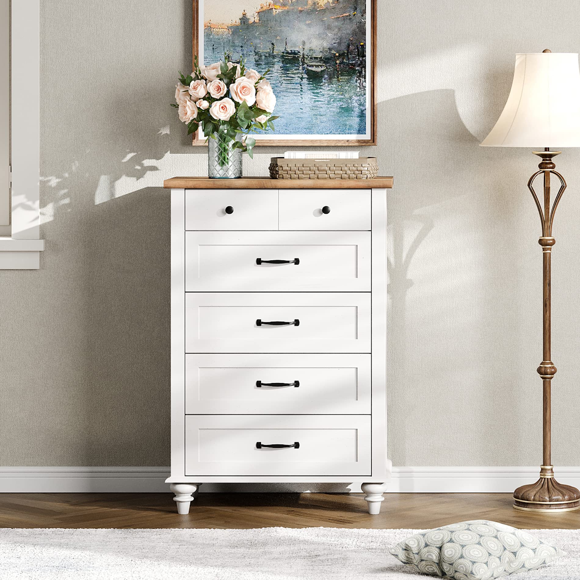 WAMPAT White 5-Drawer Dresser for Bedroom - Mid Century Modern Wooden Chest of Drawers with Wide Storage, Kids Dresser & Closet Organizer - Perfect for Nursery, Living Room, Hallway & Small Spaces