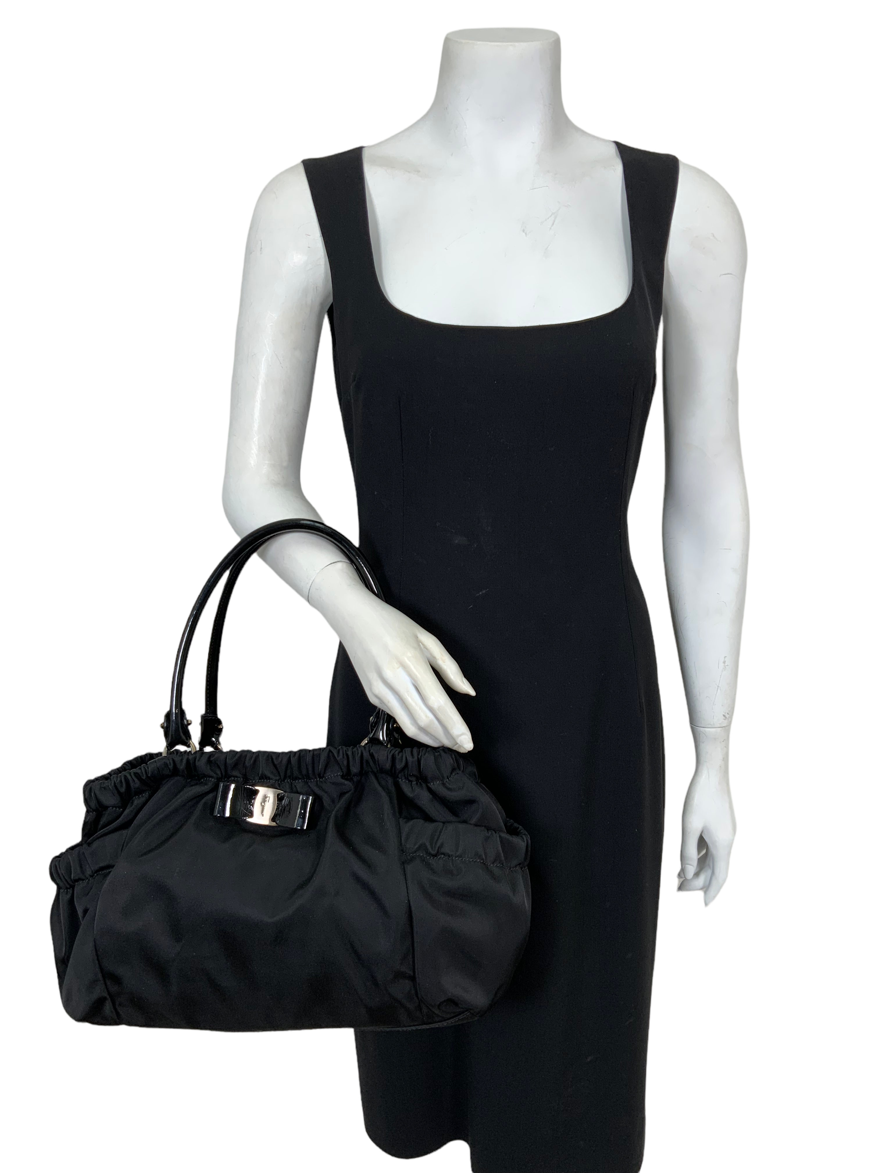 Salvatore Ferragamo Nylon Patent Leather Trim Vara Bow Tote Bag for Women | Luxury Designer Handbag for Work, Travel & Everyday Use