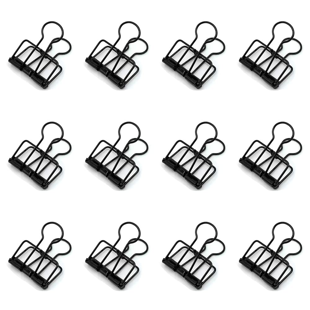 12 Pack Black Hollow Metal Wire Binder Clips - Large Size Office Supplies for Paper, Documents, Files - Perfect for Organizing, School, Office & Home Use