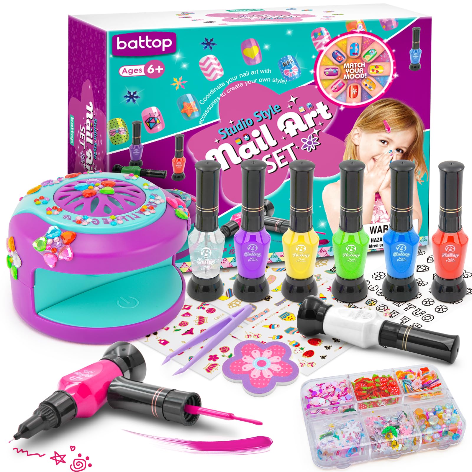 BATTOP Kids Nail Polish Set for Girls - Non-Toxic Water-Based Nail Art Kit with Nail Dryer, 3D Decorations & Stickers | Perfect Birthday Gift for Girls Ages 7-12 | Fun DIY Nail Design for Parties, Playdates & Creative Play