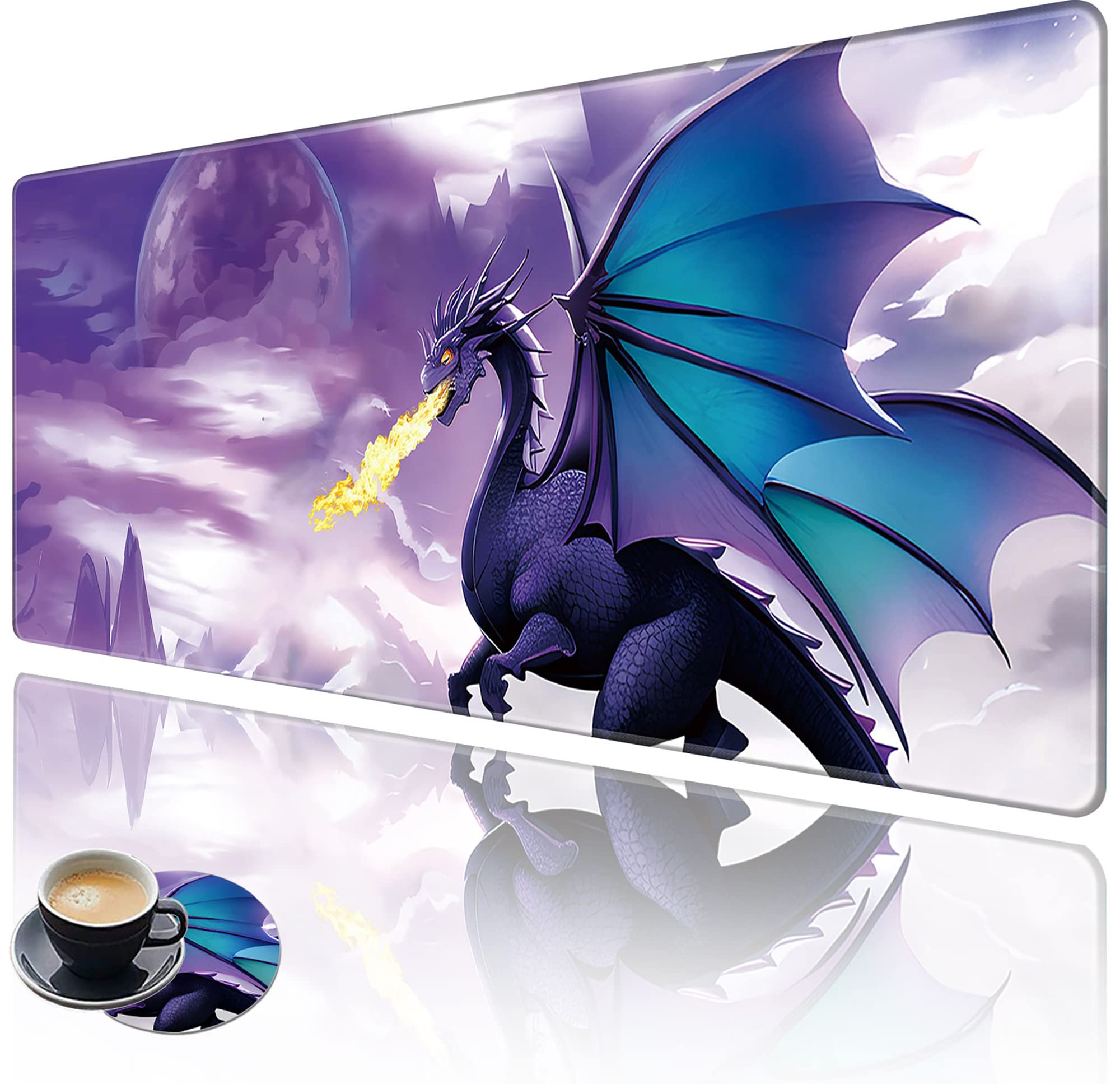 XXL Extended Gaming Mouse Pad (31.5x11.8 Inch) with Stitched Edges & Anti-Slip Base - Purple Dragon Design Desk Mat for Keyboard and Mouse - Perfect for PC Gaming, Office Work, and Home Computer Setup