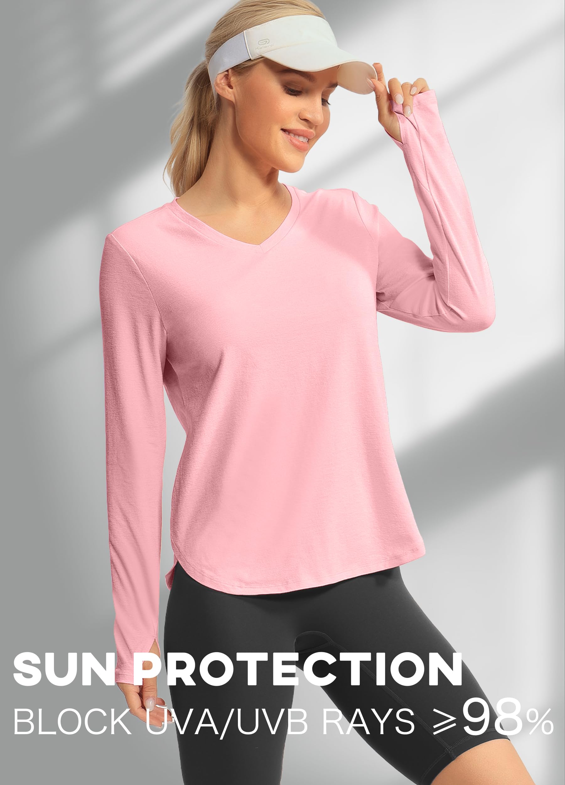 Hiverlay Women's Long Sleeve V-Neck Workout Shirts UPF 50+ Athletic Running Tops with Thumbholes - Loose Fit Activewear for Yoga, Gym & Outdoor Sports