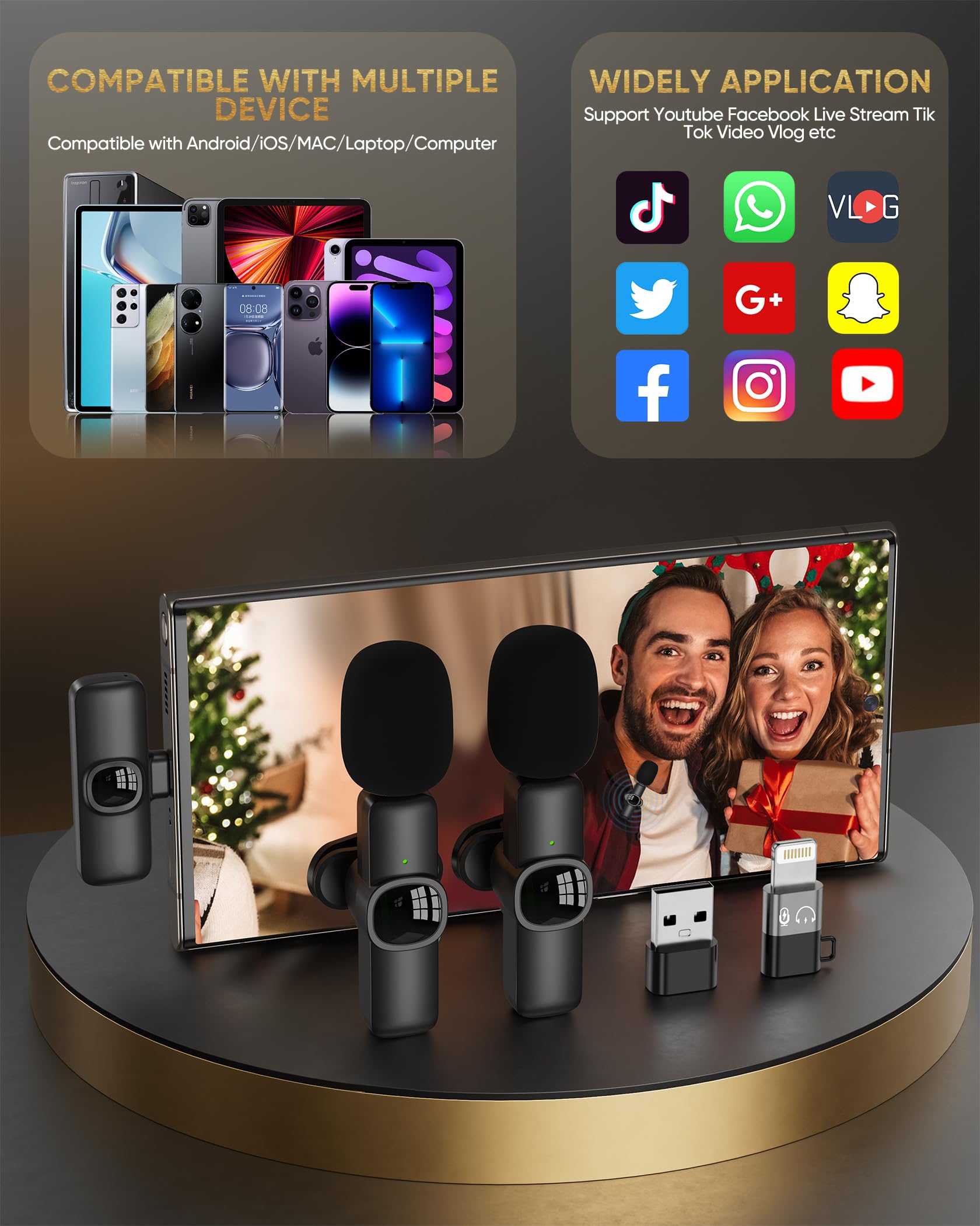 Wireless Lavalier Microphone for iPhone Android Laptop PC - IUMAKEVP 360° Adjustable Clip-on Mic with 100FT Range & Noise Cancellation - Perfect for Vlogging, YouTube, TikTok Live, Podcasting, Interviews & Online Classes (2 Mics Set)