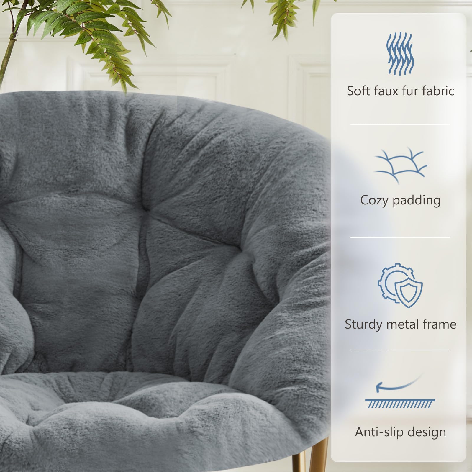 DUMOS Comfy Saucer Chair - Cozy Faux Fur Soft Lounge Seat with Thick Padding & Sturdy Metal Frame | Foldable Reading Chair for Bedroom, Living Room, Home Office | Perfect for Kids & Adults (Grey)