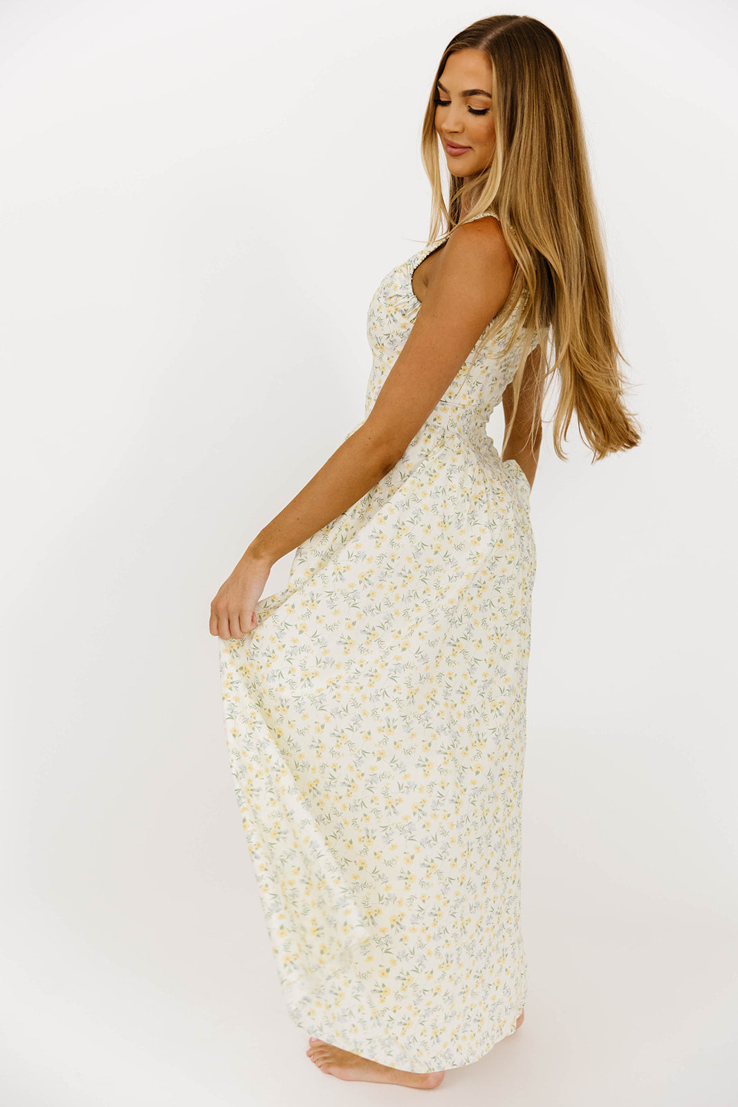 Trixy Floral Print Ruched Square Neck Midi Dress - Yellow Summer Dress for Women, Perfect for Beach Vacations, Garden Parties & Date Nights