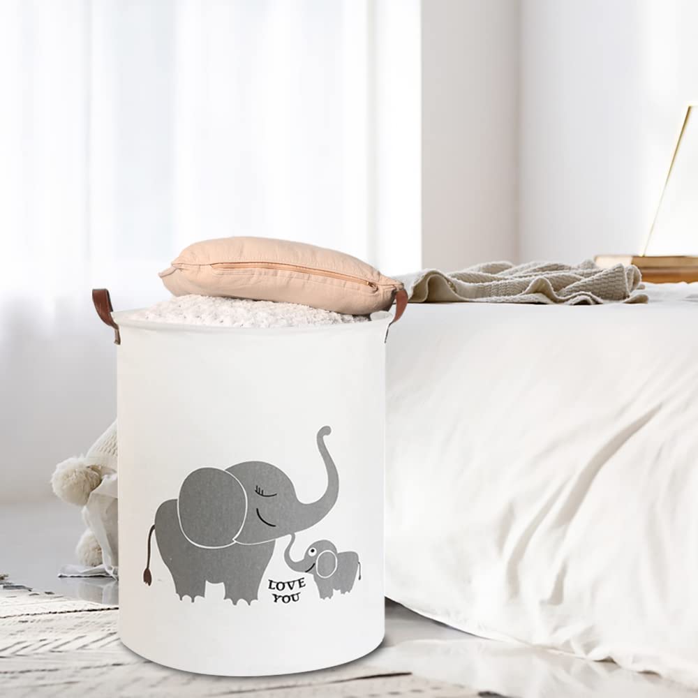 CLOCOR Collapsible Round Storage Bin - Large Foldable Laundry Basket & Toy Organizer with Love Elephant Design | Perfect for Kids Room, Nursery, Closet & Bathroom Organization