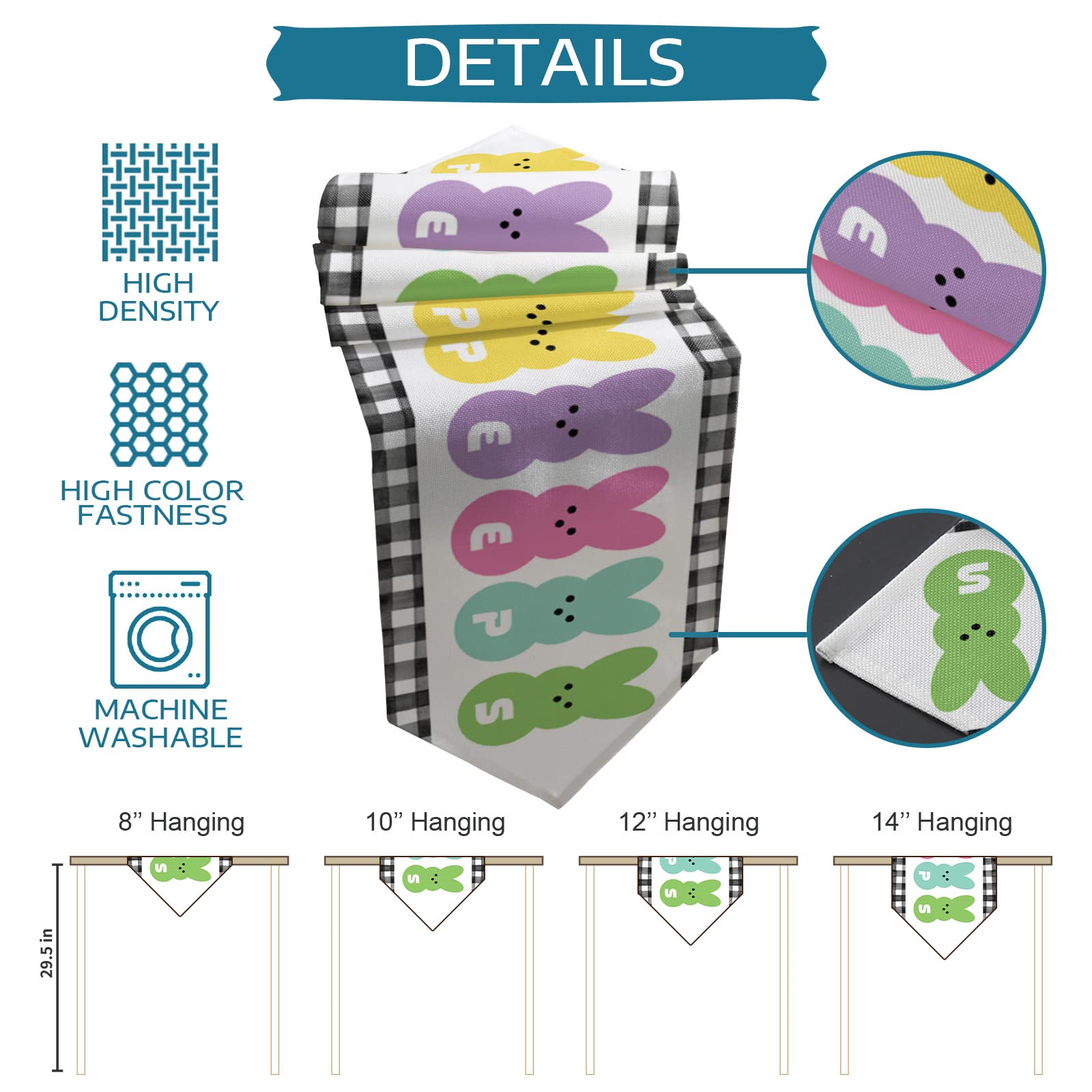 Easter Table Runner - 16x72 Inch Black Buffalo Plaid Decorative Table Scarf for Spring Dinner, Kitchen & Dining Room Decor | Bunny & Peeps Design | Perfect for Easter Party, Holiday Gatherings & Home Decor