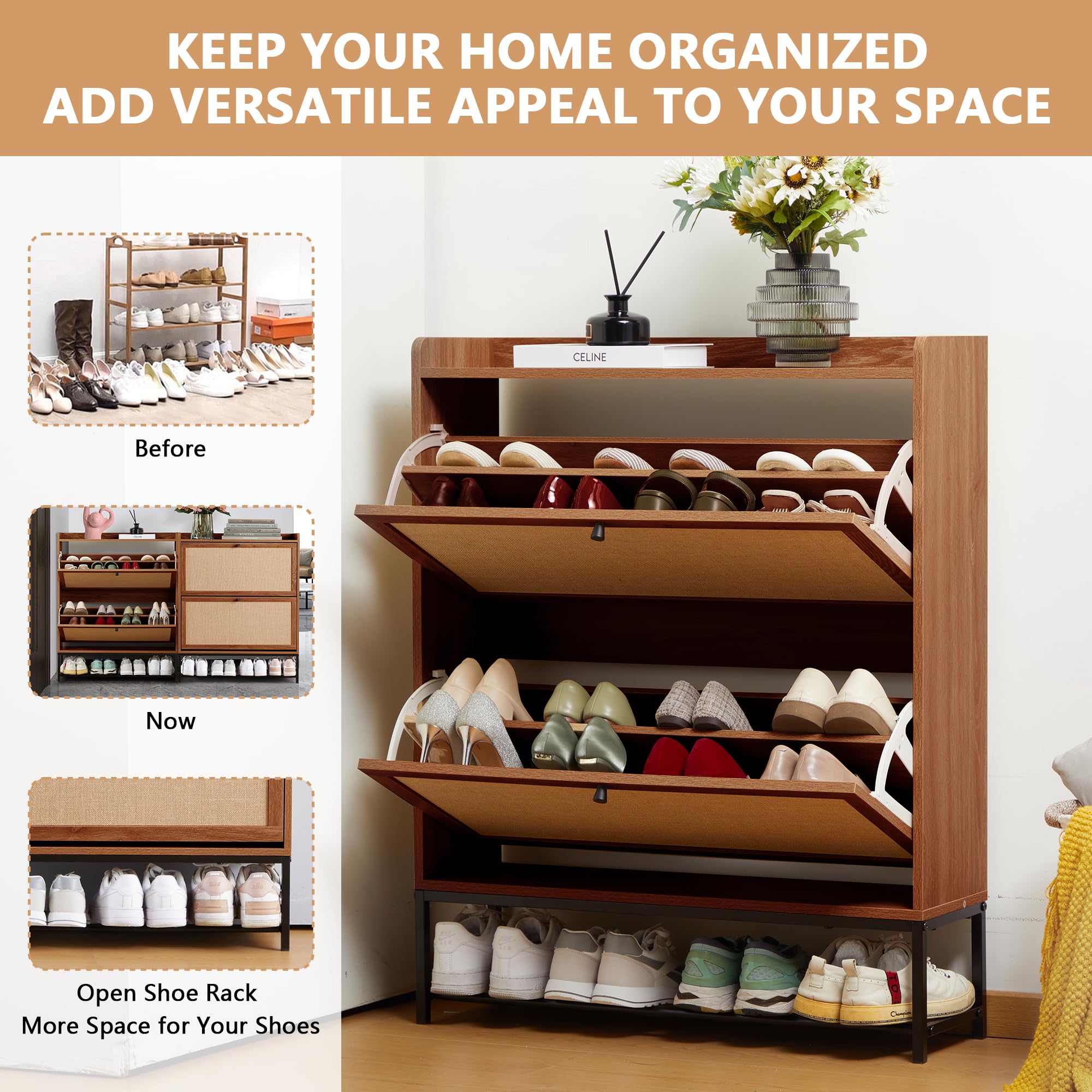 LEVNARY Wooden Shoe Storage Cabinet with 2 Flip Drawers - Narrow Entryway Shoe Organizer with Metal Legs, Freestanding Shoe Rack for Hallway (Walnut) | Perfect for Small Spaces, Apartment Entryways & Closet Organization