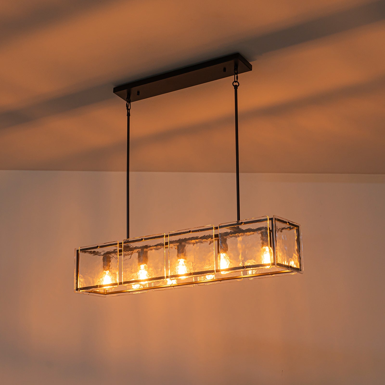 Glowlings 5-Light Modern 39-Inch Wide Rectangle Linear Chandelier - Handmade Clear Glass Water Ripple Design for Dining Room, Living Room & Bedroom Lighting