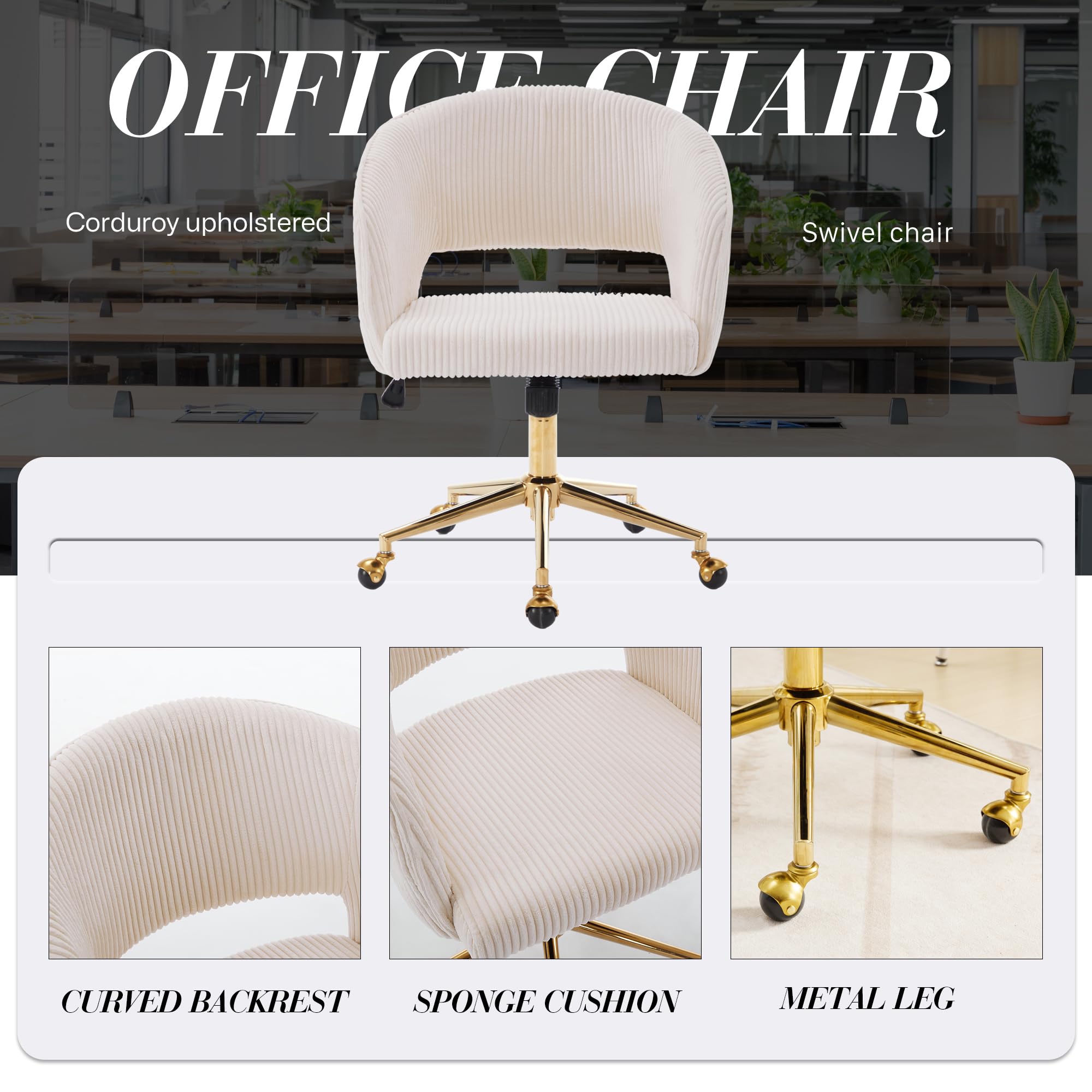 Ergonomic Swivel Office Chair with Corduroy Upholstery & Gold Base - Modern Tufted Desk Chair for Women, Girls, Home & Study - Comfortable Computer Task Stool for Living Room, Bedroom & Home Office (Beige)