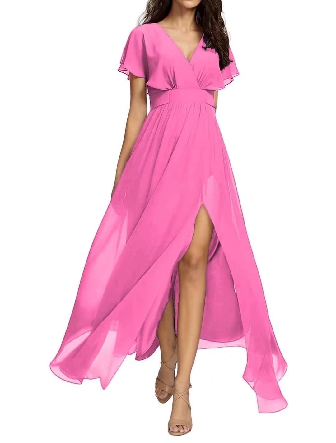 Yadressy Women's Long Sleeve Chiffon Maxi Dress with Ruffle & High Slit - A-Line Formal Evening Gown for Bridesmaid, Prom, Wedding Party, and Special Occasions