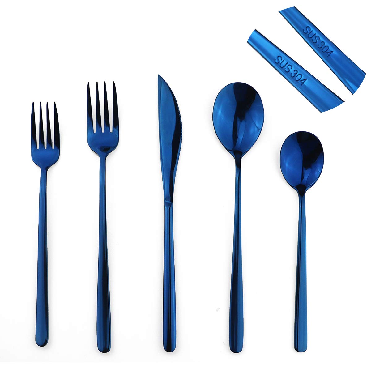 20-Piece 304 Stainless Steel Mirror Polished Blue Silverware Set - Knife, Fork, Spoon, Dessert Fork & Teaspoon - Dishwasher Safe - Elegant Tableware for Dinner Parties, Weddings & Home Dining