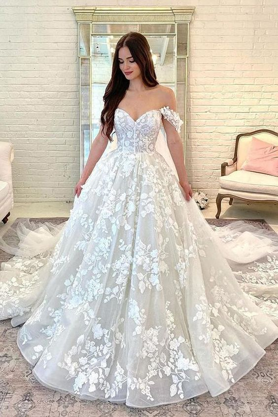 Elegant Off-The-Shoulder Lace Tulle Wedding Dress with Applique - A-Line Bridal Gown J5305 for Beach, Garden & Church Ceremonies