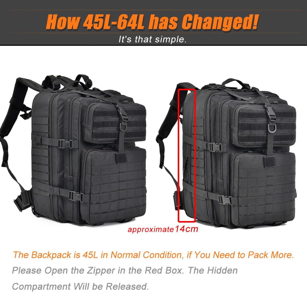 R.SASR Tactical Backpack - 45-64L Military Molle Backpack for Hiking, Camping & Outdoor Adventures | Durable Daypack for Travel, Hunting & Survival Gear